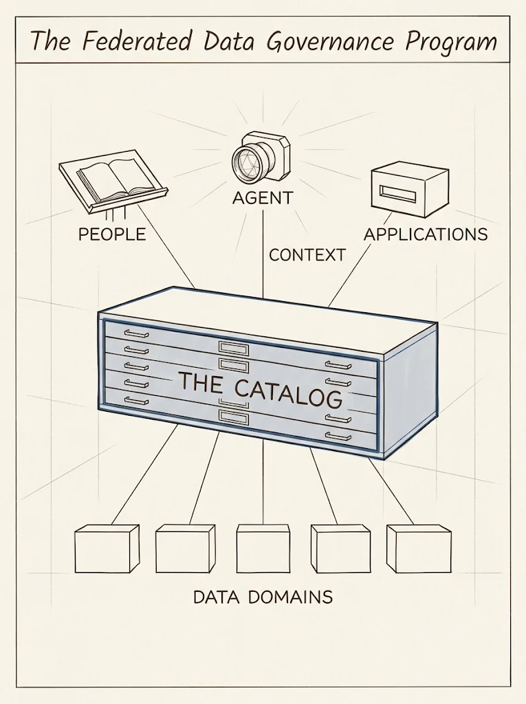 The Federated Data Governance Program: People, an AI agent, and Applications draw context from The Catalog, a flat-file cabinet, which in turn is fed by five Data Domains.